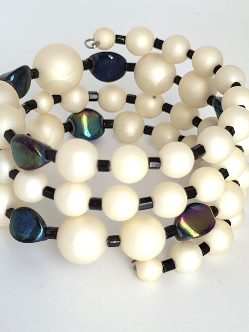 Vintage Satin Faux Pearl & Glass AB Black Beaded Wrap Coil Bracelet